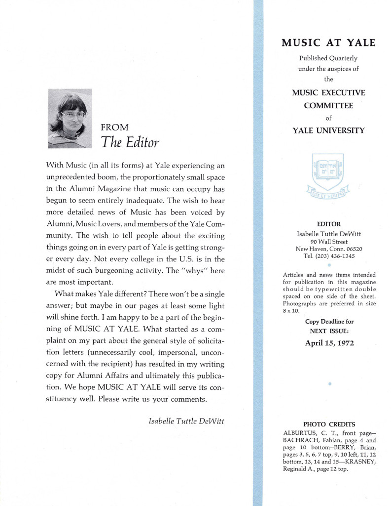 A letter of greeting from DeWitt in the inaugural issue of <em>Music at Yale</em>.