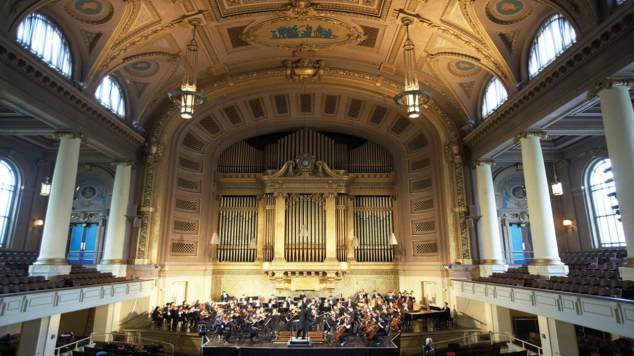 Yale Philharmonia performing in Woolsey Hall